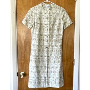 Cream Embroidered Dress 1960s Mini Dress Shift Retro Floral Leaf Dress (S)